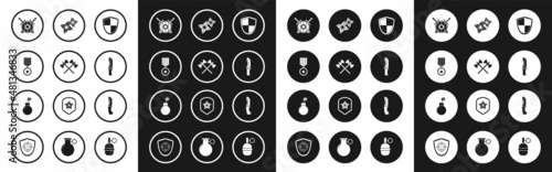 Set Shield, Crossed medieval axes, Military reward medal, Wooden shield with crossed swords, knife, Japanese ninja shuriken, and Bomb ready to explode icon. Vector