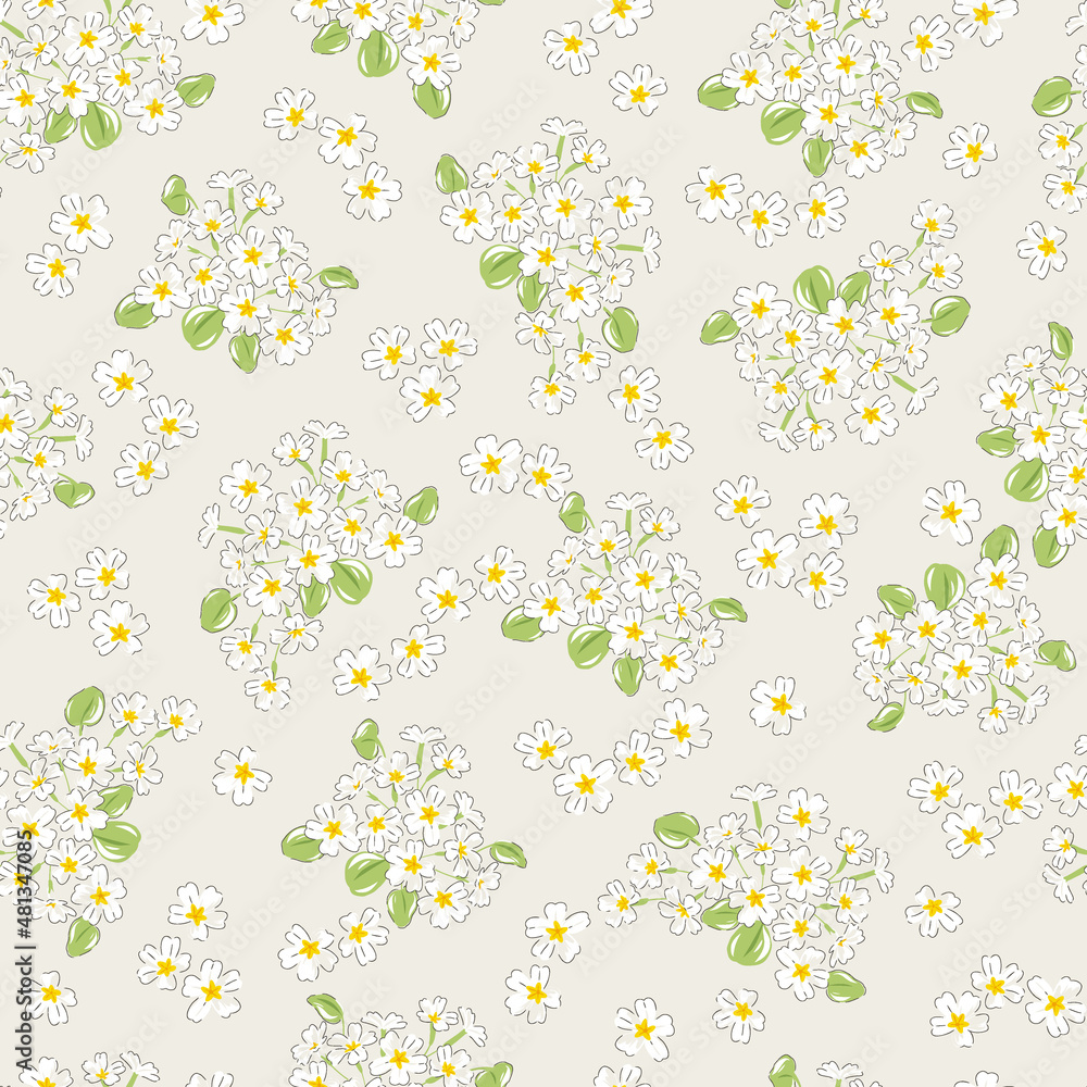 Primrose Spring Garden flower hand drawn vector seamless pattern. Vintage  Romantic Liberty inspired Petite floral ditsy print. Bloomy calico neutral  background for fashion fabric or home textile Stock Vector
