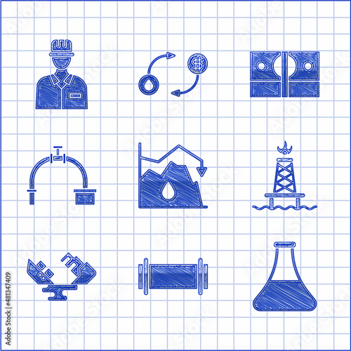 Set Drop in crude oil price, Industry pipe, Oil petrol test tube, rig with fire, Wrecked tanker ship, and valve, Stacks paper money cash and Oilman icon. Vector