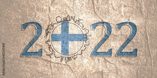 2022 year number with industrial icons around zero digit. Flag of Finland.