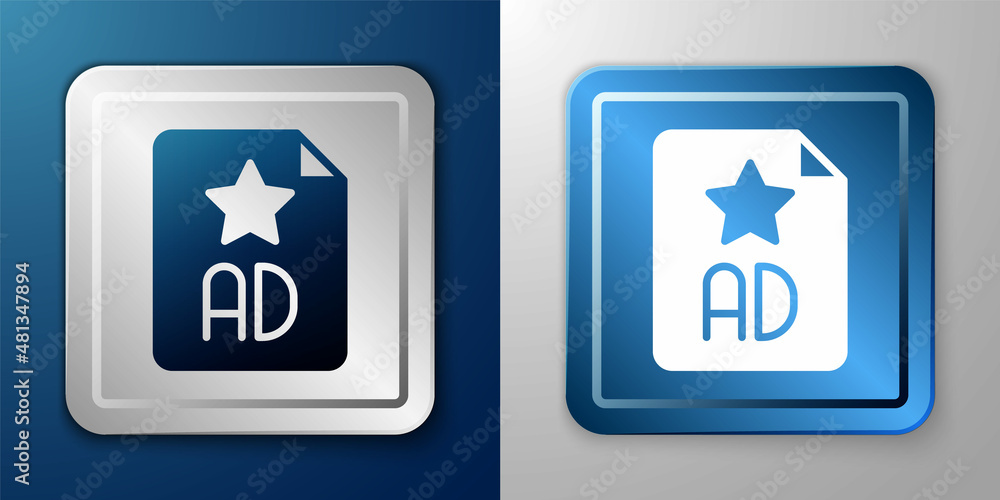 White Advertising icon isolated on blue and grey background. Concept of marketing and promotion process. Responsive ads. Social media advertising. Silver and blue square button. Vector White Advertising icon isolated on blue and grey background. Concept of marketing and promotion process. Responsive ads. Social media advertising. Silver and blue square button. Vector