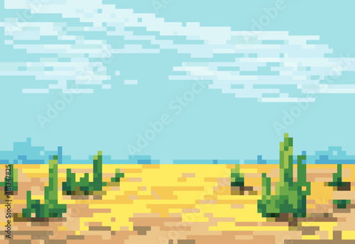 Landscape with a desert and cacti in pixel art style