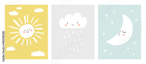 Cute sun, cloud and moon baby cards, nursery posters, baby shower invitations. Scandinavian vector illustration for prints, cards, apparel.