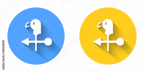 White Rooster weather vane icon isolated with long shadow background. Weathercock sign. Windvane rooster. Circle button. Vector
