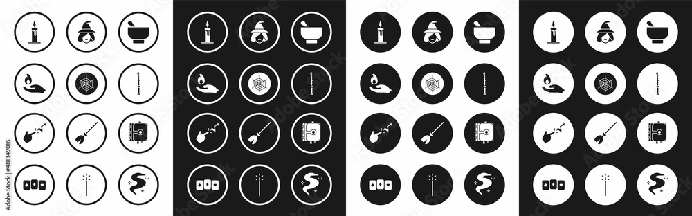 Set Magic mortar and pestle, Spider web, Hand holding fire, Burning candle candlestick, wand, Witch, Ancient magic book and Spell icon. Vector