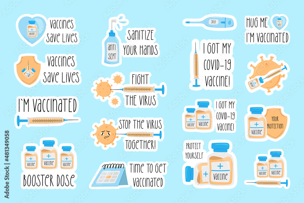 Vaccination against covid-19. Doodle stickers. Vector hand drawn illustration for print or web design.Vaccine for coronavirus, injection. I`m vaccinated, fight the virus, time to get vaccinated Vaccination against covid-19. Doodle stickers. Vector hand drawn illustration for print or web design.Vaccine for coronavirus, injection. I`m vaccinated, fight the virus, time to get vaccinated