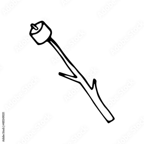 Hand drawn doodle marshmallow on branch. Frying on the fire. Vector camping clipart.