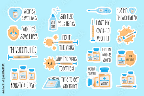 Vaccination against covid-19. Doodle stickers. Vector hand drawn illustration for print or web design.Vaccine for coronavirus, injection. I`m vaccinated, fight the virus, time to get vaccinated