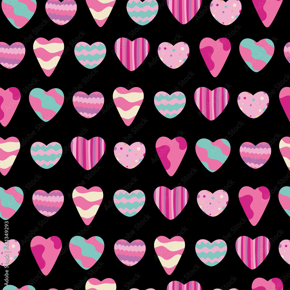 Valentine's Day seamless pattern. Cute elements about love and romance on black background - pastel colored hearts. For wrapping paper, cards, backgrounds, postcards, congratulations Valentine's Day seamless pattern. Cute elements about love and romance on black background - pastel colored hearts. For wrapping paper, cards, backgrounds, postcards, congratulations