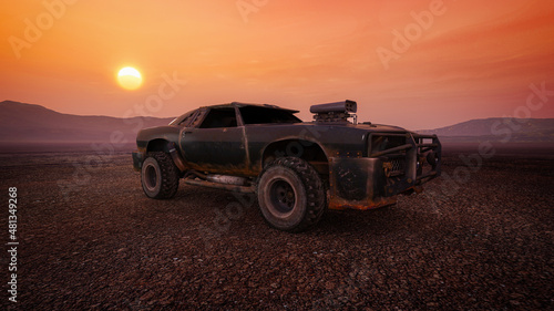 Tableau sur toile Dirty rusty muscle car in a fantasy future desert wasteland landscape at sunset