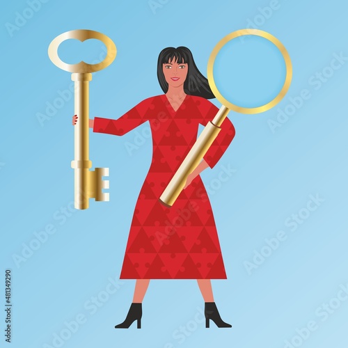 Woman with golden key and magnifying glass. Dress with pattern as puzzle pieces. Vector illustration. EPS10.