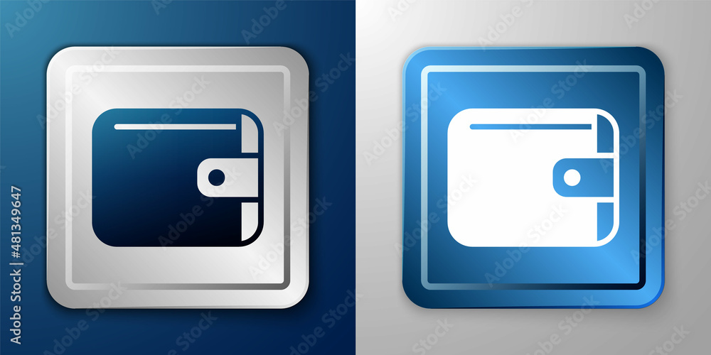 White Wallet icon isolated on blue and grey background. Purse icon. Cash savings symbol. Silver and blue square button. Vector White Wallet icon isolated on blue and grey background. Purse icon. Cash savings symbol. Silver and blue square button. Vector