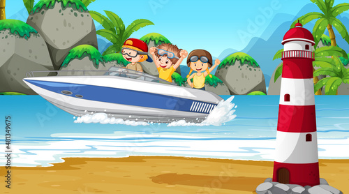 Ocean scenery with a boy driving motorboat
