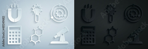 Set Chemical formula, Solar system, Calculator, Telescope, Test tube and flask and Magnet icon. Vector