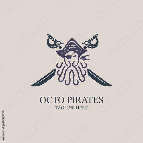 Octopus pirates captain sword logo vintage style design template vector for brand or company and other