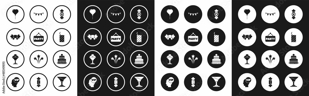 Set Candy, Signboard party, Bow tie, Balloon in form of heart, Firework rocket, Carnival garland with flags, Cake and Ice cream bowl icon. Vector Set Candy, Signboard party, Bow tie, Balloon in form of heart, Firework rocket, Carnival garland with flags, Cake and Ice cream bowl icon. Vector