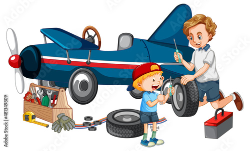 Dad and son repairing a plane together