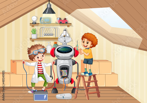 Children fixing a robot together in the room scene