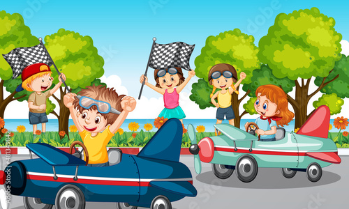 Outdoor scene with children racing car