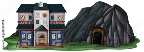 An abandoned house with a rock cave on white background