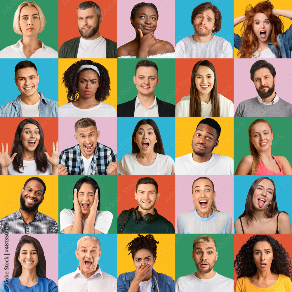 Collage of multiracial people expressing different emotions on bright backgrounds. Diverse society concept Collage of multiracial people expressing different emotions on bright backgrounds. Diverse society concept