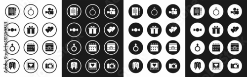 Set Cinema camera, Gift box, Bow tie, Marriage contract, Heart, Diamond engagement ring, Wedding rings and Male gender symbol icon. Vector