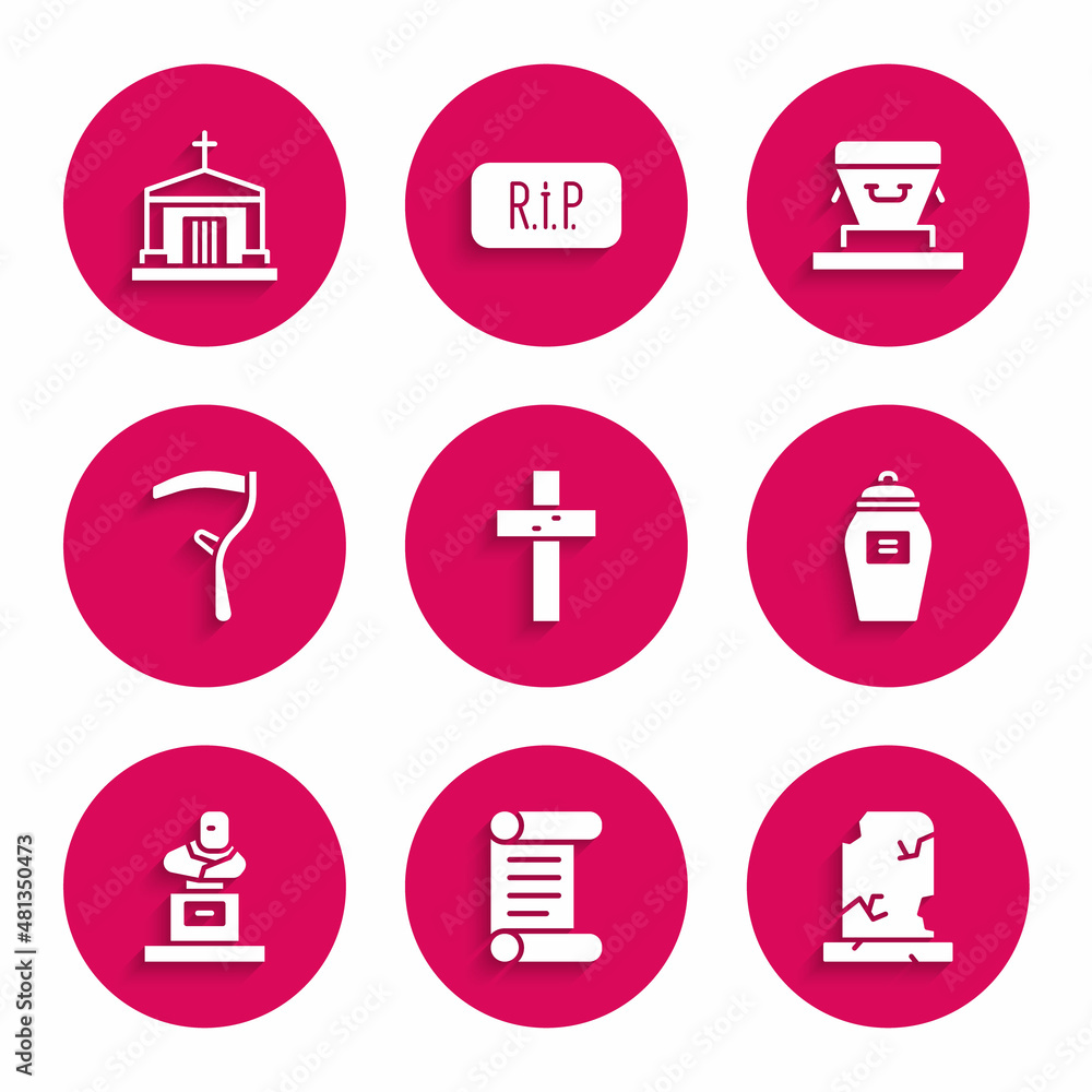 Set Christian cross, Decree, parchment, scroll, Old grave with tombstone, Funeral urn, Grave, Scythe, Coffin and crypt icon. Vector Set Christian cross, Decree, parchment, scroll, Old grave with tombstone, Funeral urn, Grave, Scythe, Coffin and crypt icon. Vector