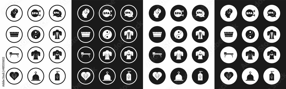Set Spa salon, Yin Yang, Sauna bucket, Massage stone therapy, with aroma oils and table icon. Vector Set Spa salon, Yin Yang, Sauna bucket, Massage stone therapy, with aroma oils and table icon. Vector