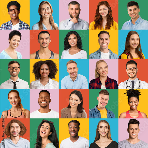 Different happy people portraits. Collage with smiling multiethnic male and female faces