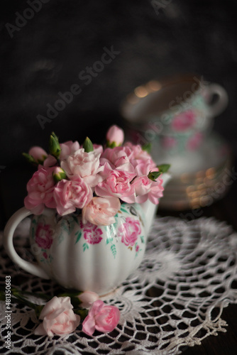 Still-life. Photo of pink flowers in a teapot. © Елена Косинова
