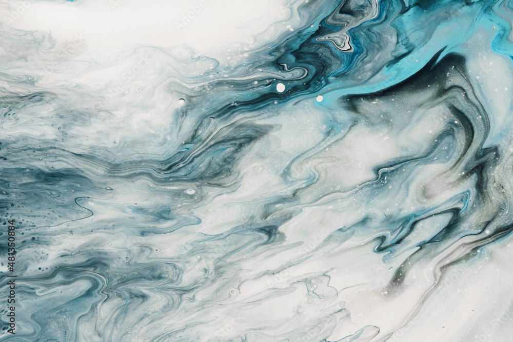 Fluid Art. Liquid transparent white and blue abstract paint drips and ...