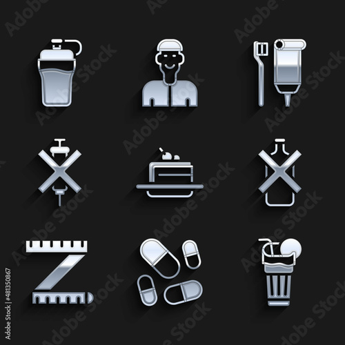 Set Cake, Vitamin pill, Fresh smoothie, No alcohol, Tape measure, doping syringe, Toothbrush and toothpaste and Fitness shaker icon. Vector