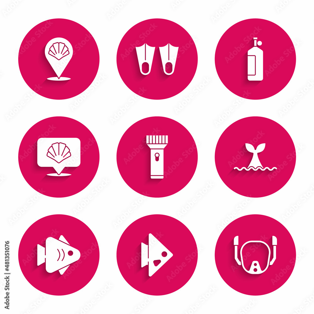 Set Flashlight, Fish, Diving mask, Whale tail ocean wave, Scallop sea shell, Aqualung and icon. Vector Set Flashlight, Fish, Diving mask, Whale tail ocean wave, Scallop sea shell, Aqualung and icon. Vector