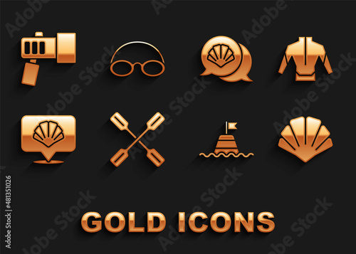 Set Paddle  Wetsuit  Scallop sea shell  Floating buoy on the  Flashlight and Glasses and cap icon. Vector