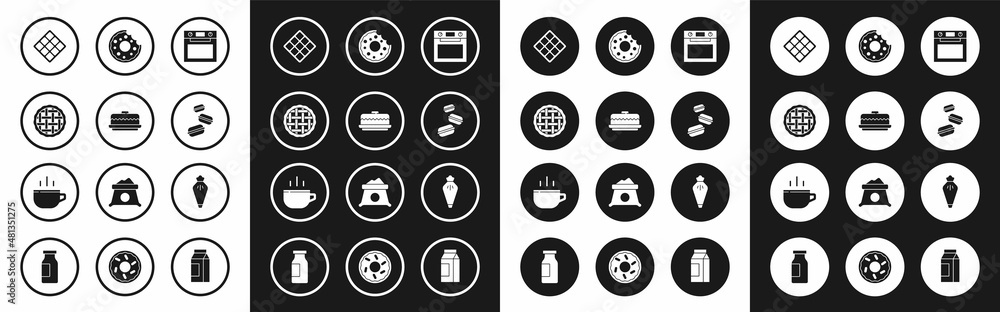 Set Oven, Cake, Homemade pie, Waffle, Macaron cookie, Donut, Pastry bag and Coffee cup icon. Vector Set Oven, Cake, Homemade pie, Waffle, Macaron cookie, Donut, Pastry bag and Coffee cup icon. Vector