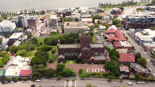 Aerial drone scenic city CBD shot with Church Newcastle Harbour tourism NSW architecture cityscape Hamilton Australia 4K photo