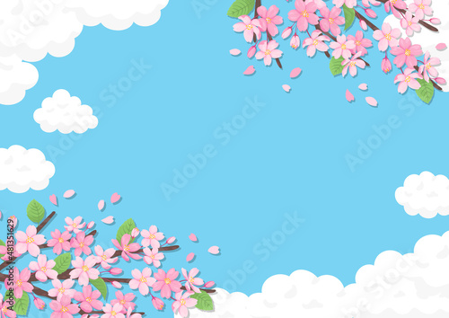 桜の咲く青空の風景のイラスト デザイン用の背景素材 ベクター画像 © Niko