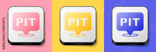 Isometric Pit stop icon isolated on pink, yellow and blue background. Square button. Vector photo