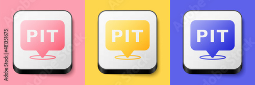 Isometric Pit stop icon isolated on pink, yellow and blue background. Square button. Vector