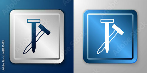 White Metallic nails icon isolated on blue and grey background. Silver and blue square button. Vector