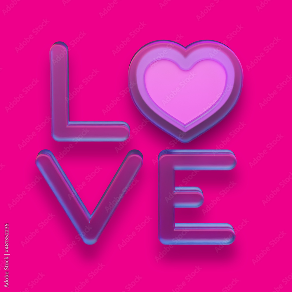 Love text with heart symbol. Valentine's day concept icon in plastic or glass design with reflection. Romantic feelings. Letters with holiday symbol. 3D illustration pictogram for mobile app Love text with heart symbol. Valentine's day concept icon in plastic or glass design with reflection. Romantic feelings. Letters with holiday symbol. 3D illustration pictogram for mobile app