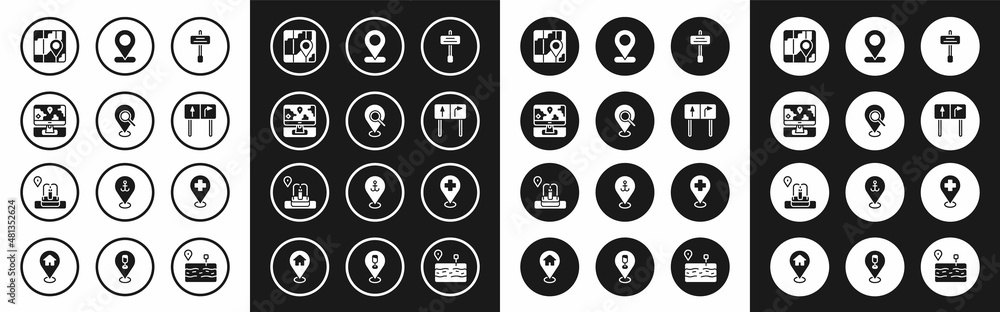 Set Road traffic sign, Search location, Monitor with marker, City map navigation, Location, Medical cross and fountain icon. Vector
