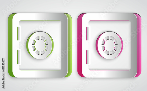 Paper cut Safe icon isolated on grey background. The door safe a bank vault with a combination lock. Reliable Data Protection. Paper art style. Vector