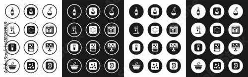 Set Plant breeding, Formula of benzene rings, Test tube flask on fire, Propane gas tank, Chemical online, and, formula and icon. Vector