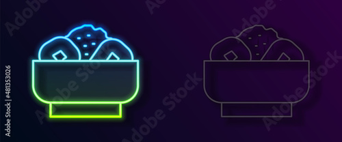 Glowing neon line Chow mein on plate icon isolated on black background. Asian food. Vector