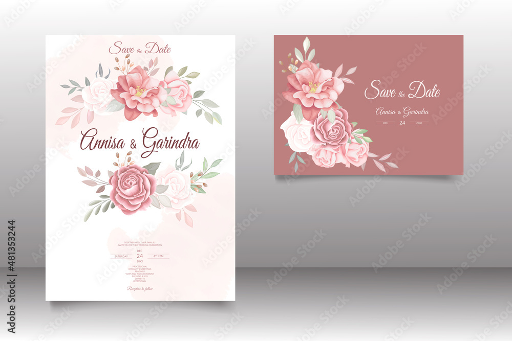  vintage Wedding invitation card template set with beautiful  floral leaves Premium Vector