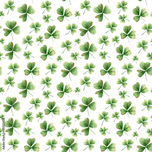 Seamless trefoil, shamrock, clover leaves pattern. Floral Watercolor background for St Patrick wrapping, textile, wallpaper