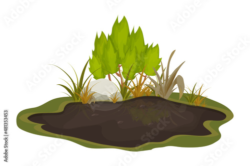 Dirty mud puddle, swamp with stone, grass in cartoon style isolated on white background. Natural wet soil, forest pond, lake clip art. 