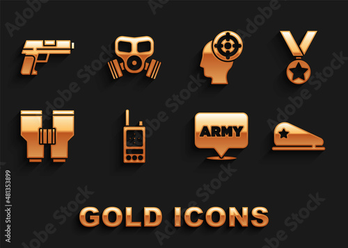 Set Walkie talkie, Military reward medal, beret, army, Binoculars, Target sport, Pistol gun and Gas mask icon. Vector