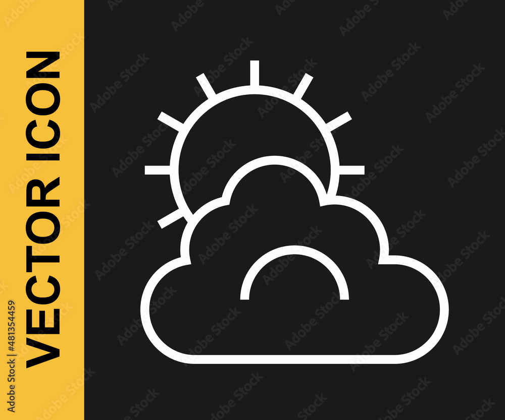 White line Sun and cloud weather icon isolated on black background. Vector White line Sun and cloud weather icon isolated on black background. Vector